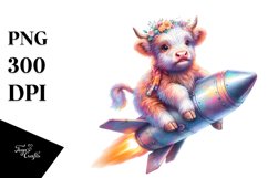 Colorful Baby Highland Cow Riding Comet PNG Product Image 3