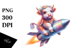 Colorful Baby Highland Cow Riding Comet PNG Product Image 1