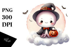 Cute Baby Octopus on Halloween Moon PNG Product Image 1