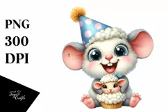Watercolor Excited Baby Mouse Lamb Party Hat Clipart Product Image 3