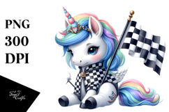 Colorful Baby Unicorn with Checkered Flag PNG Product Image 1