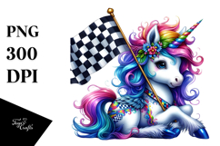 Colorful Baby Unicorn with Checkered Flag PNG Product Image 1