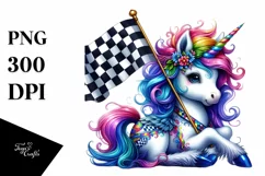 Colorful Baby Unicorn with Checkered Flag PNG Product Image 3