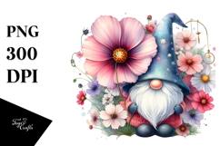 Cute Watercolor Gnome with Big Hat and Cosmos, PNG Product Image 1