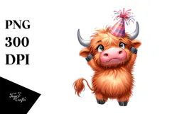 Playful Highland Cow with Party Hat PNG Product Image 1