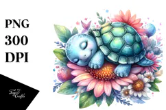 Whimsical Baby Turtle Sleeping on Flower PNG Product Image 1