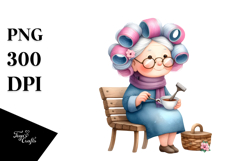 Old Lady Watercolor Character Sitting on Bench | Sublimation Product Image 1
