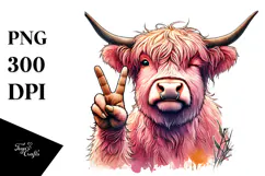 Pink Highland Cow Showing Victory Sign, Transparent PNG Product Image 1