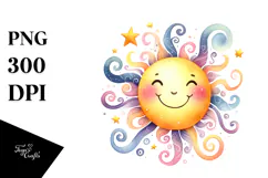 Simple Smiling Whimsical Sun, Watercolor PNG Product Image 1