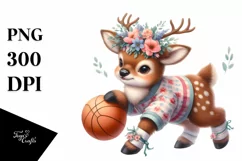 Sublimation Cute Baby Elk Playing Basketball Flower Clipart Product Image 1