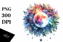 Abstract Vibrant Moon with Foliage and Stars PNG Product Image 1