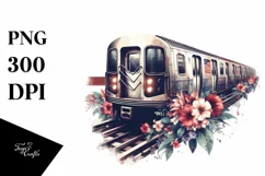 Watercolor Vintage Dirty Subway Train with Flowers Clipart Product Image 1