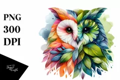 Vibrant Owl with Plant Leaves, PNG Product Image 3