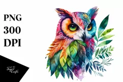 Vibrant Owl with Plant Leaves, PNG Product Image 1