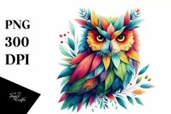 Vibrant Owl with Plant Leaves, PNG Product Image 1