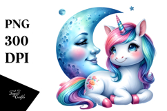 Colorful Baby Unicorn Smiling Moon PNG Product Image 1