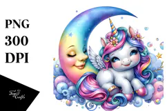 Colorful Baby Unicorn Smiling Moon PNG Product Image 1