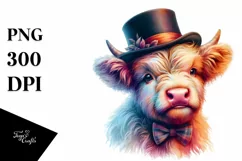 Highland Cow with Top Hat, Watercolor PNG Product Image 3