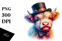 Highland Cow with Top Hat, Watercolor PNG Product Image 1
