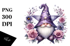 Cute Gnome with Violet Floral Frame, PNG Product Image 1