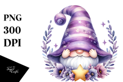 Cute GNOME with Big HAT and Violet Floral Frame PNG Product Image 1