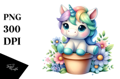 Colorful Baby Unicorn in Flower Pot PNG Product Image 1