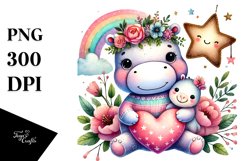Cute Boho Hippo Heart, PNG Product Image 1