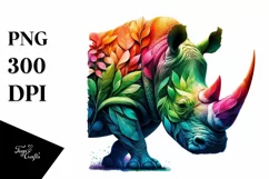 Vibrant Rhino with Plant Leaves, PNG Product Image 1