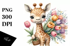 Cute Baby Giraffe with Flowers PNG Product Image 1