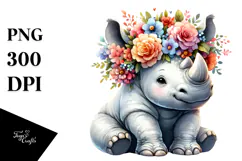 Colorful Flowers,Rhino Watercolor Clipart Product Image 1
