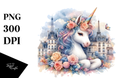 Colorful Baby Unicorn in French Village PNG Product Image 1