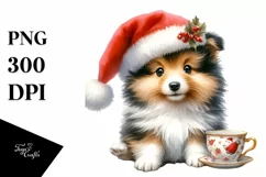 cute Watercolor Shetland Sheepdog with Santa Hat Tea Time Product Image 1