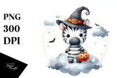 Washed Watercolor Zebra on Halloween Moon PNG Product Image 3
