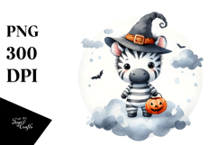 Washed Watercolor Zebra on Halloween Moon PNG Product Image 1