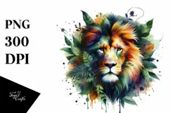 Vibrant Lion with Plant Leaves, PNG Product Image 1