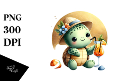Cute Turtle in Beachwear Drinking a Cocktail, PNG Product Image 1