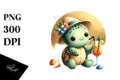 Cute Turtle in Beachwear Drinking a Cocktail, PNG Product Image 1