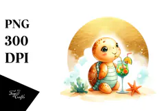Cute Turtle in Beachwear Drinking a Cocktail, PNG Product Image 1