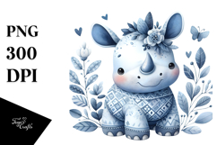 Cute Blue Toile Rhino PNG Product Image 1