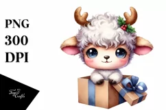 cute Watercolor Lamb with Reindeer Horns and Gift Box Product Image 3