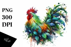 Abstract Vibrant Watercolor Chicken with Flowers PNG Product Image 1