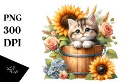 Cute Baby Cat in Wood Bucket PNG Product Image 1