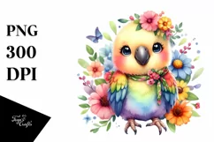 Whimsical Flowers Smiling Cute Baby Parrot | Clipart Product Image 1