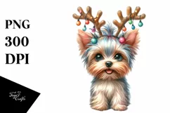 cute Watercolor Yorkshire Terrier with Reindeer Horns and Product Image 1