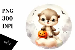 Washed Watercolor Otter on Halloween Moon PNG Product Image 3