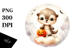 Washed Watercolor Otter on Halloween Moon PNG Product Image 1