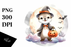 Washed Watercolor Otter on Halloween Cloud PNG Product Image 3