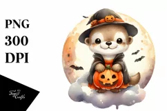 Washed Watercolor Otter on Halloween Moon PNG Product Image 3