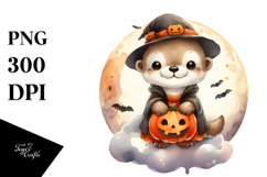 Washed Watercolor Otter on Halloween Moon PNG Product Image 1