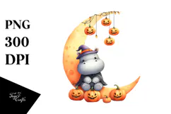 Halloween Hippo Sitting on Moon, High-Res PNG Product Image 1